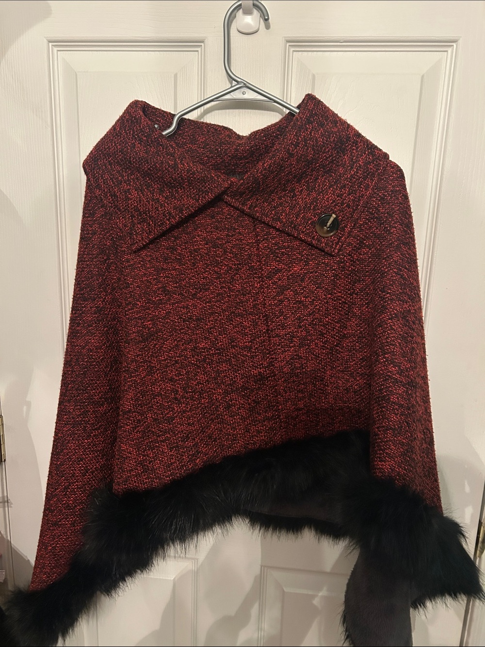 Red Tweed Poncho with Black Faux Fur Trim